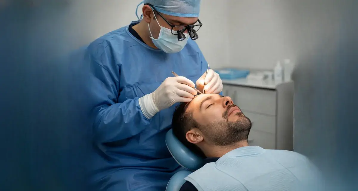 Unser OP-Chef arbeitet mit Lupenbrille am Haaransatz des Patienten