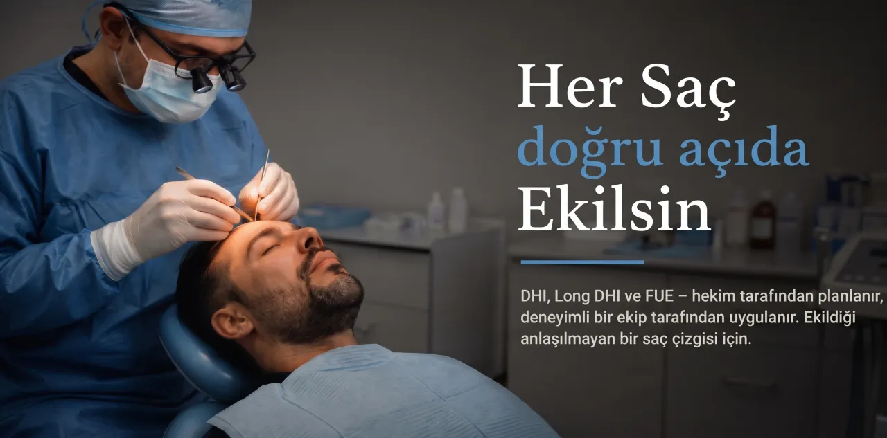 Operasyon şefimiz büyüteç gözlükle hastanın saç çizgisinde çalışıyor