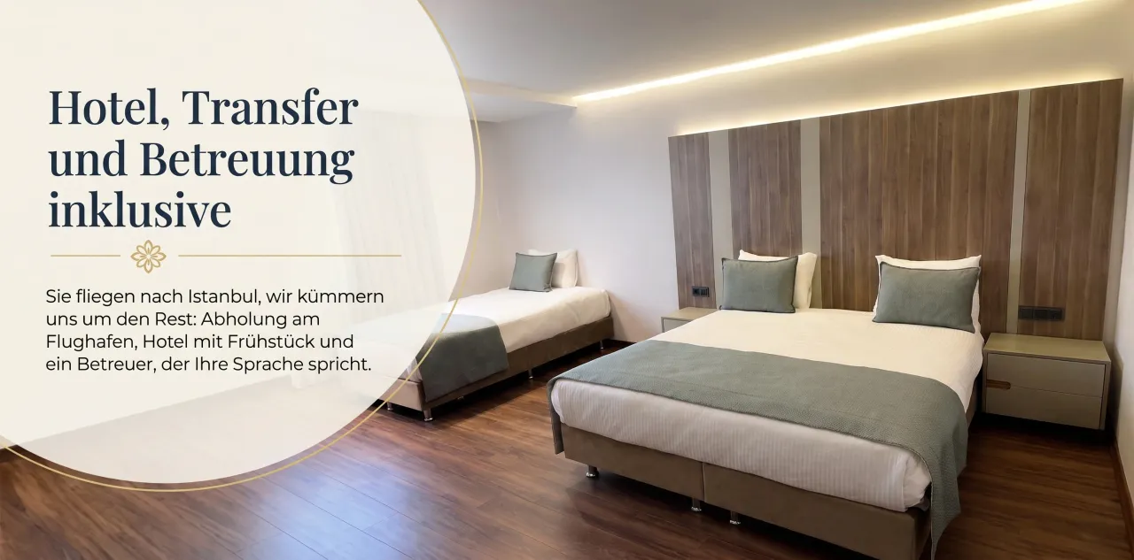 Helles Hotelzimmer mit Doppel- und Einzelbett
