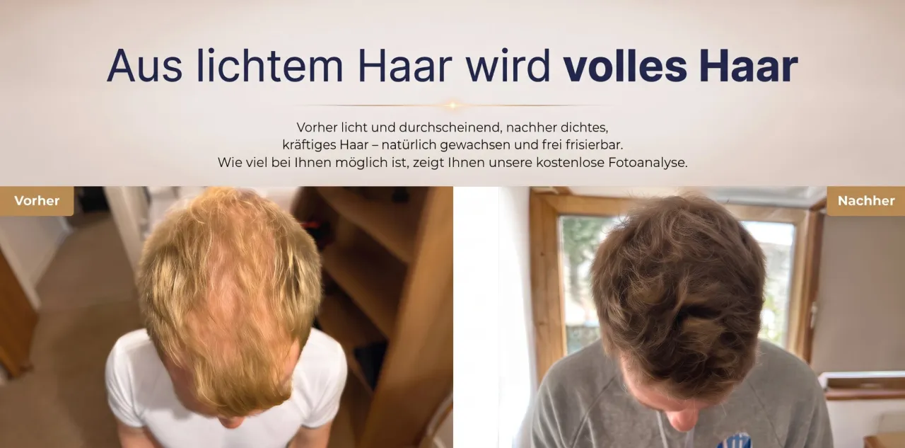 Vorher-Nachher: links lichtes Haar am Oberkopf, rechts dichtes Haar nach der Haartransplantation