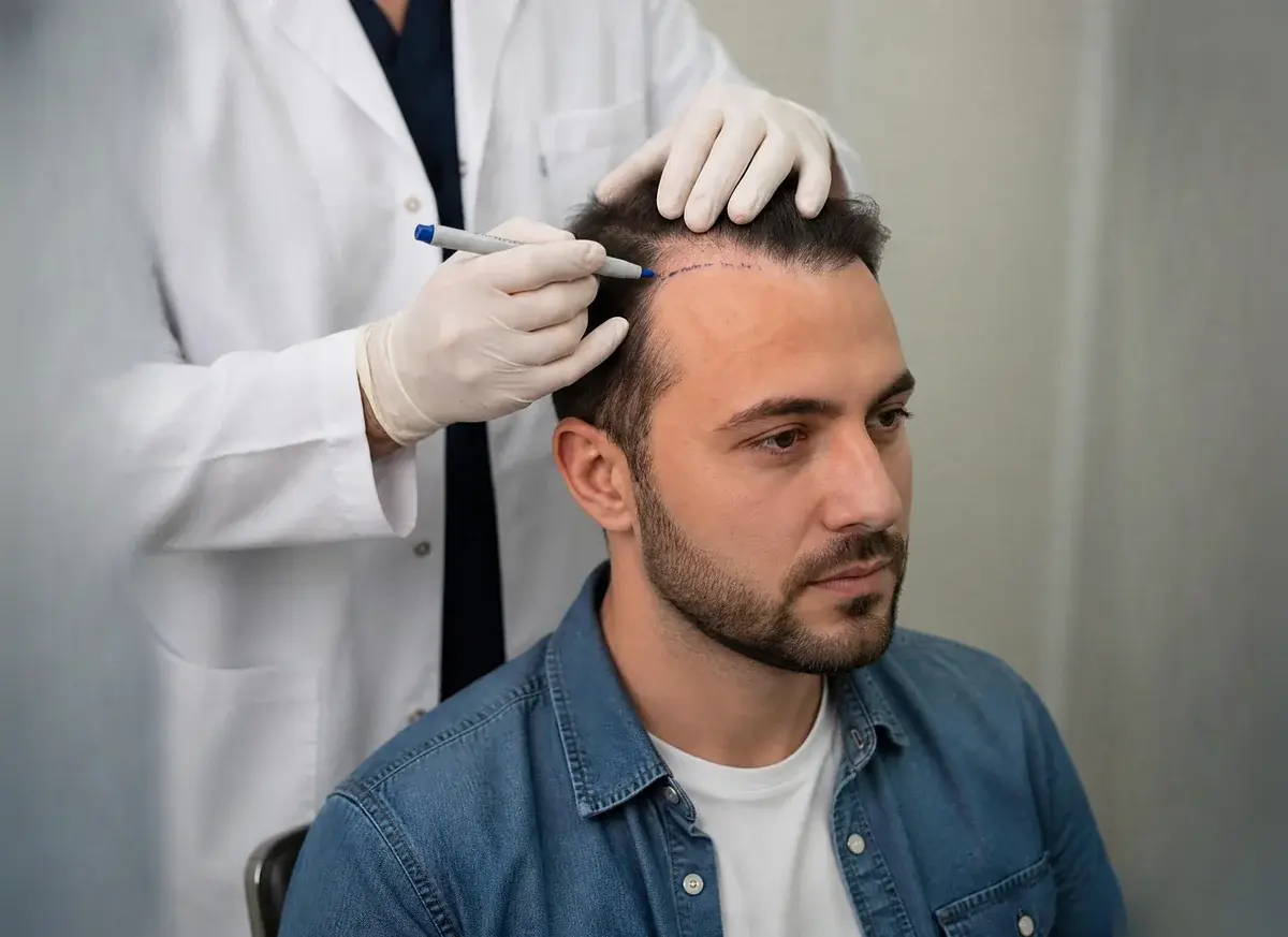 Unser OP-Chef zeichnet die Haarlinie gemeinsam mit dem Patienten ein
